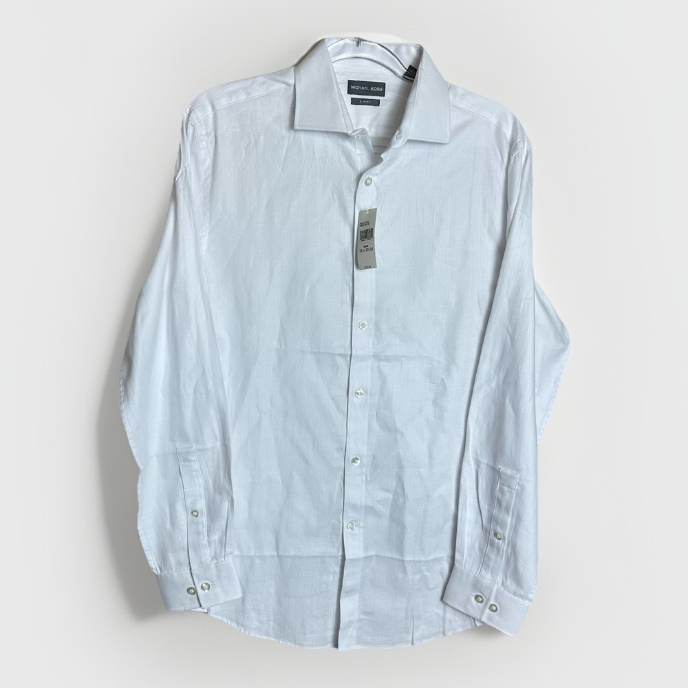 Michael Kors Men Slim-Fit Long Sleeve Patterned Woven Shirt White Men Sz Medium
